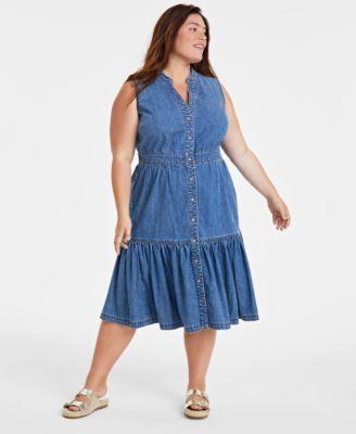 Trendy Plus Size Denim Tiered Midi Dress, Created for Macy's Product Image