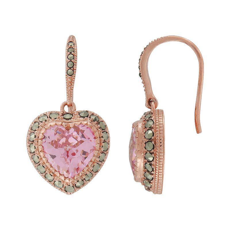 Lavish by TJM 14k Rose Gold Over Silver Pink Cubic Zirconia Heart Drop Earrings, Womens Product Image