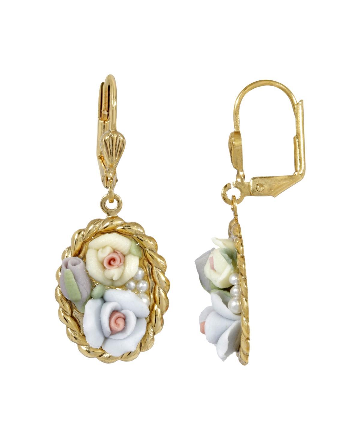 1928 Gold Tone & Porcelain Flowers Oval Drop Earrings, Womens, Blue Product Image