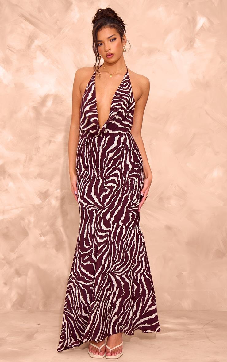 Brown Zebra Print Open Back Halter Neck Maxi Dress Product Image