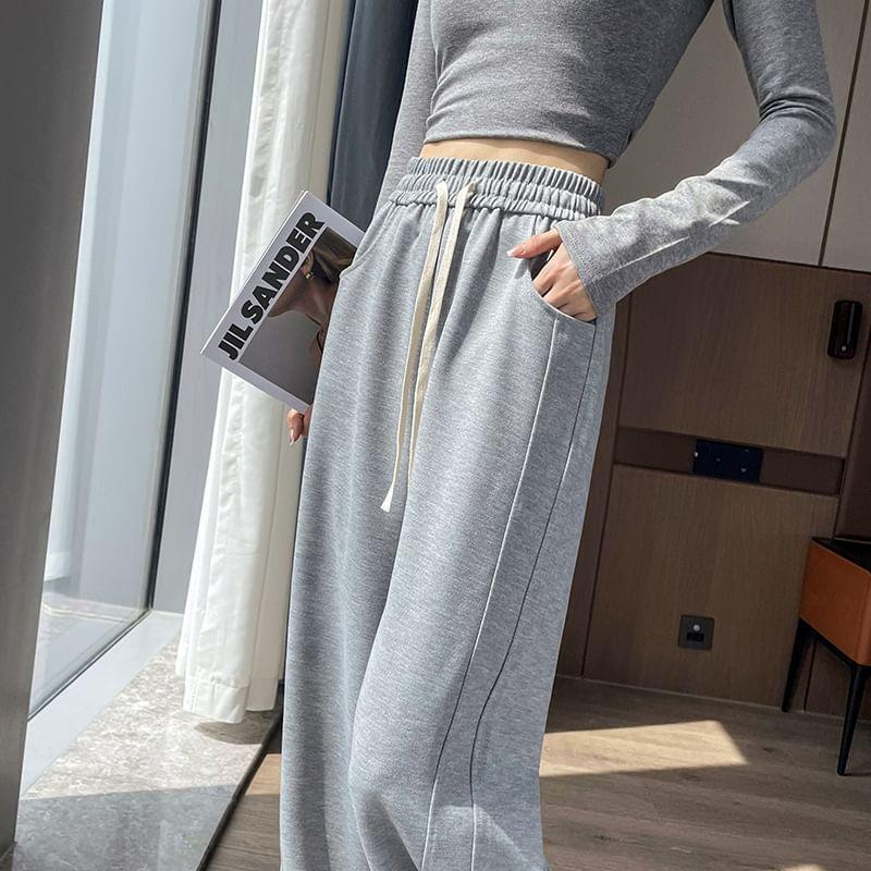 Drawstring Waist Plain Panel Wide Leg Sweatpants Product Image