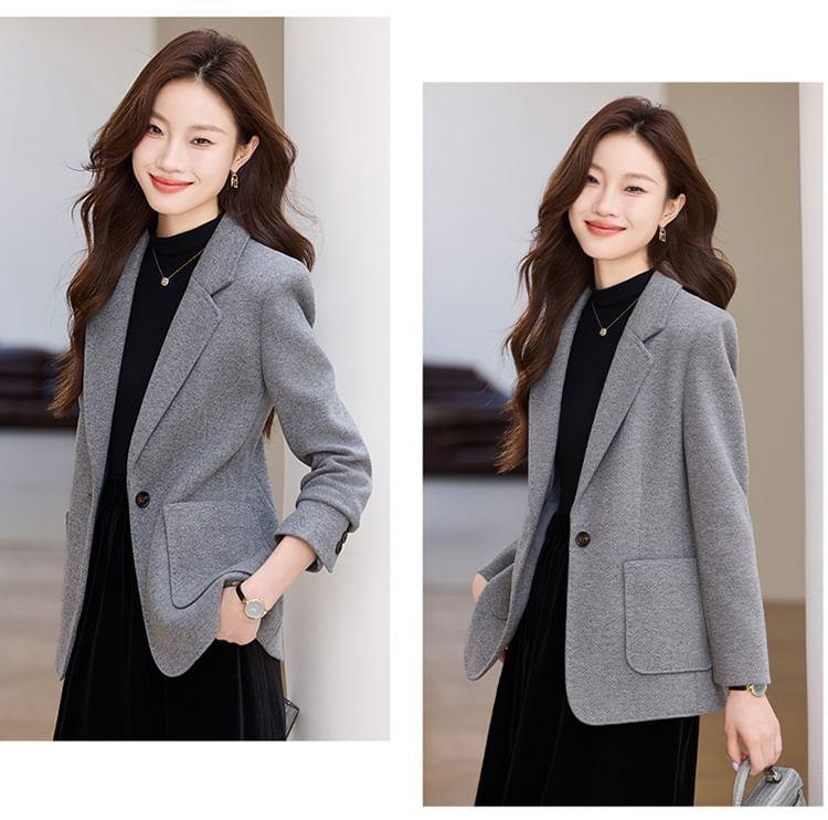 Lapel Collar Plain Single Button Blazer Product Image