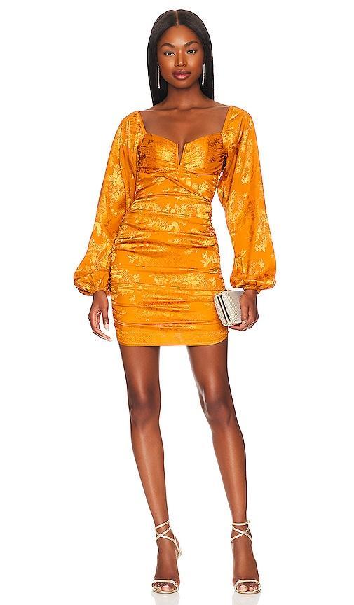 MORE TO COME Briget Ruched Backless Dress in Orange. product image