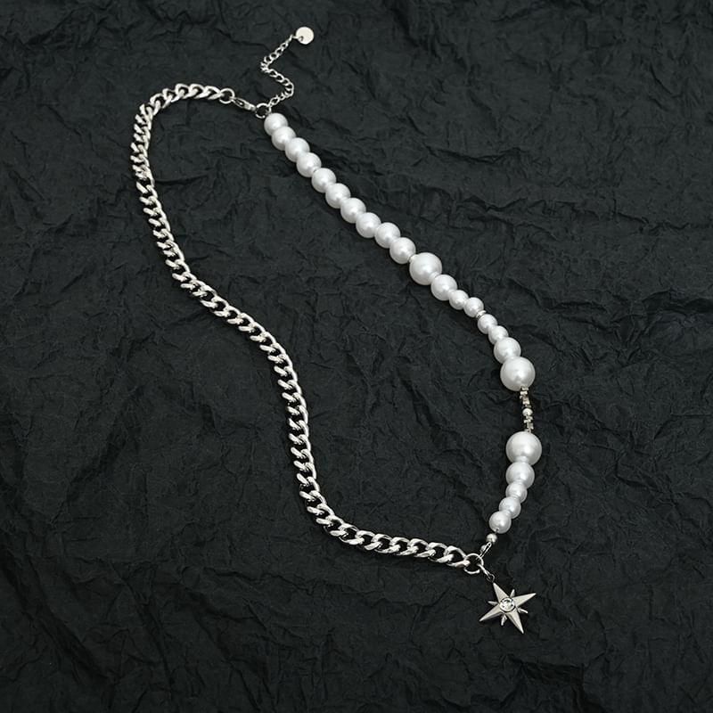 Star Pendant Faux Pearl Stainless Steel Choker Product Image