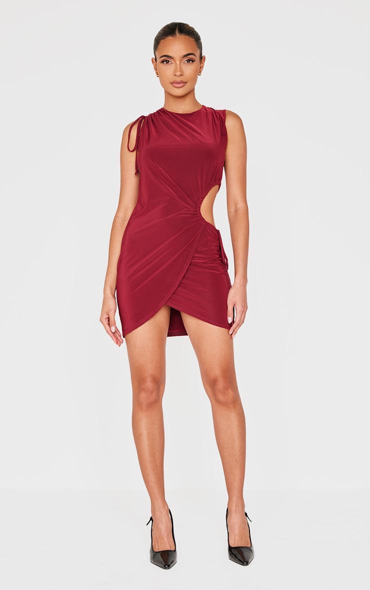 Burgundy Double Layer Slinky Ruched Cut Out Mini Dress Product Image