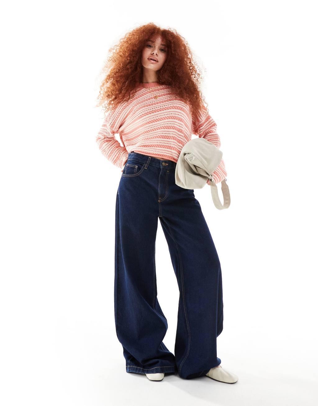 ASOS DESIGN cropped crew neck stitch sweater in peach stripe Product Image