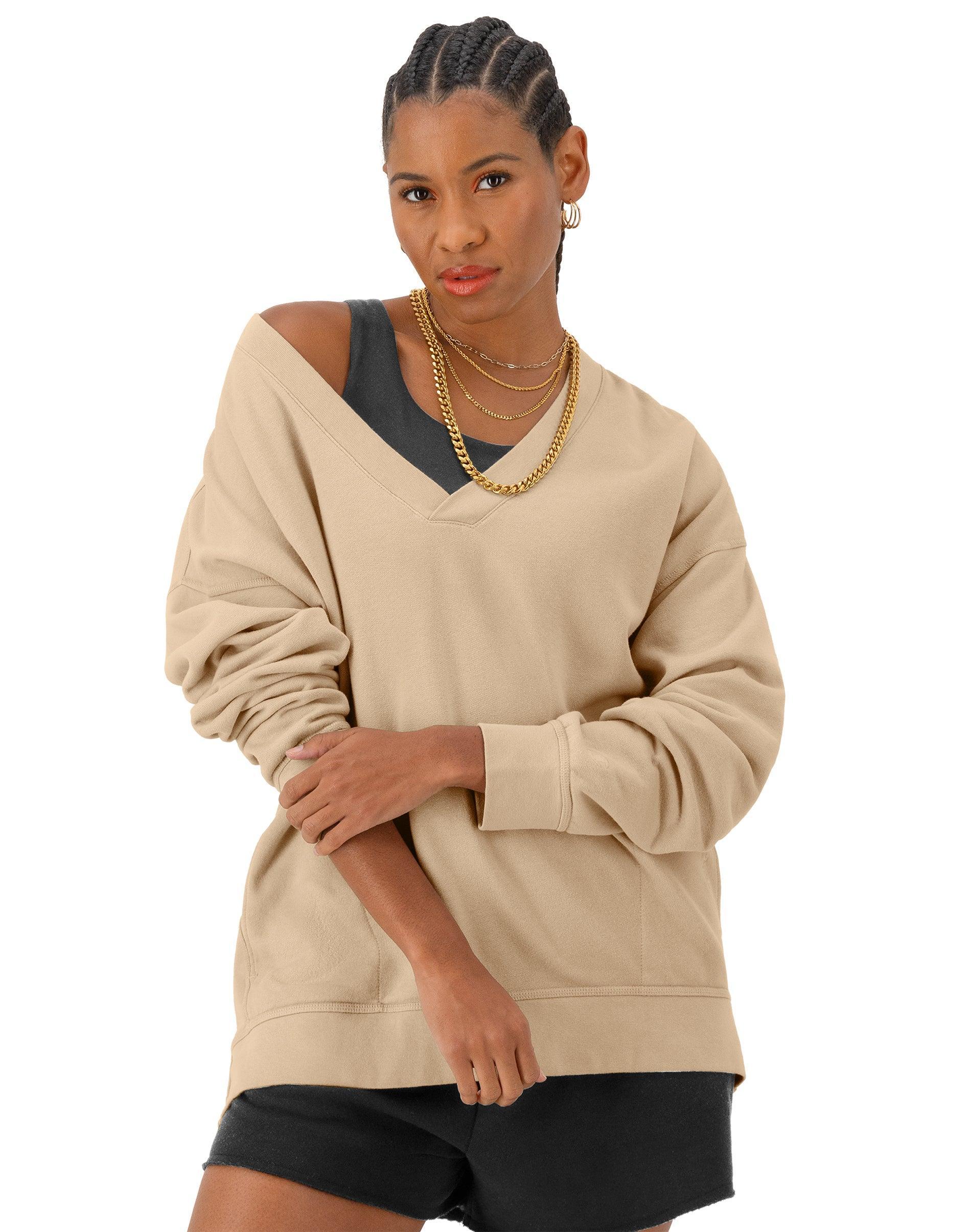 Womens Champion Oversized V-Neck Pullover, Vintage Wash, C Logo Comfort Champagne Frost 2XL Product Image