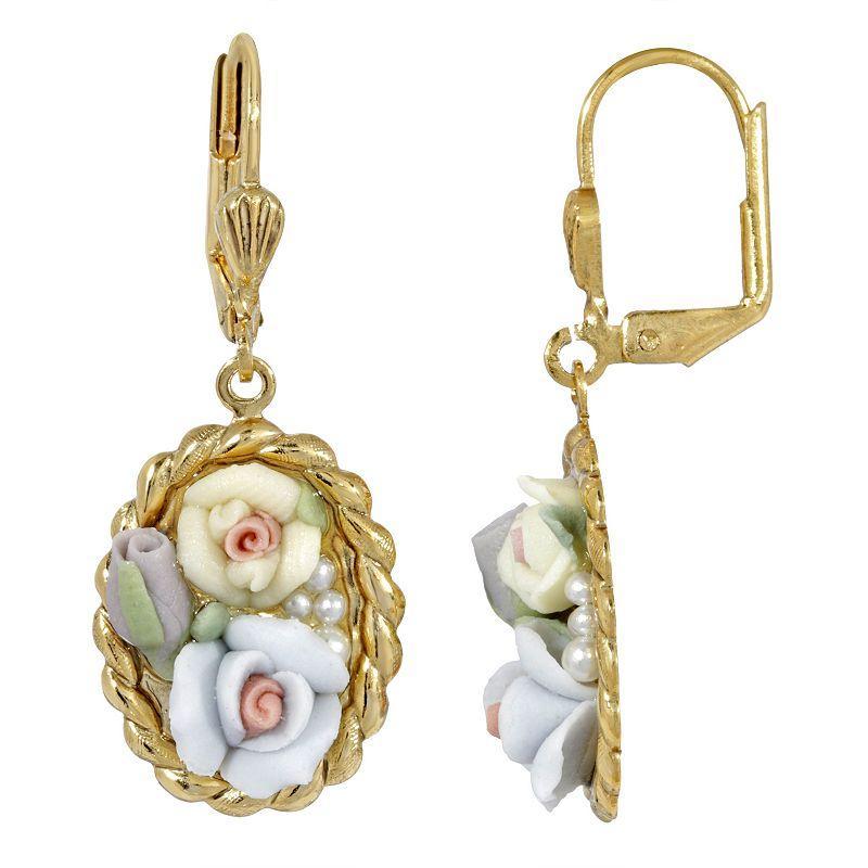 1928 Gold Tone & Porcelain Flowers Oval Drop Earrings, Womens, Blue Product Image