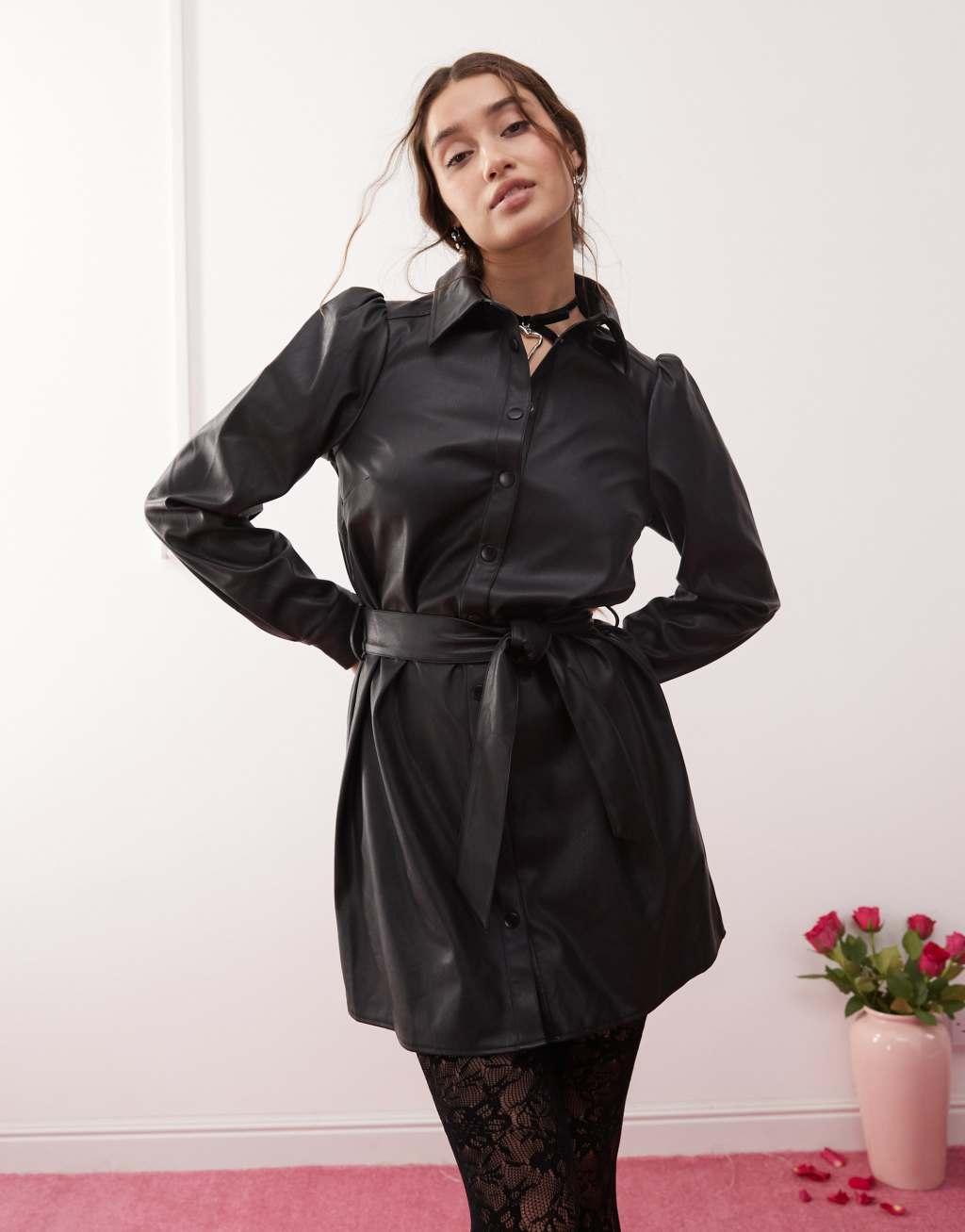 Miss Selfridge faux leather belted shirt dress Product Image