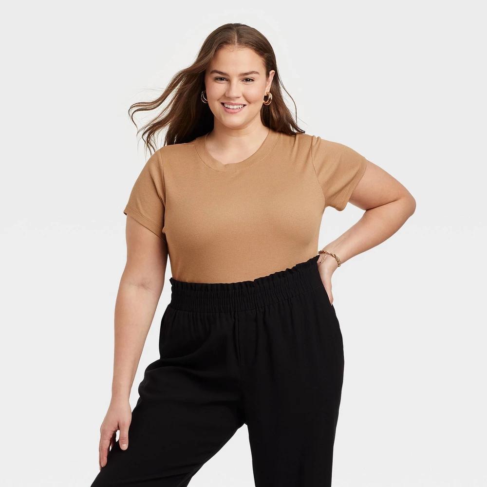 Womens Plus Size Short Sleeve Slim Fit Ribbed T-Shirt - A New Day Product Image