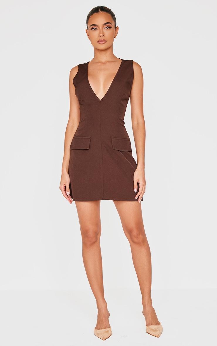 Chocolate Plunge Pocket Detail Mini Dress Product Image