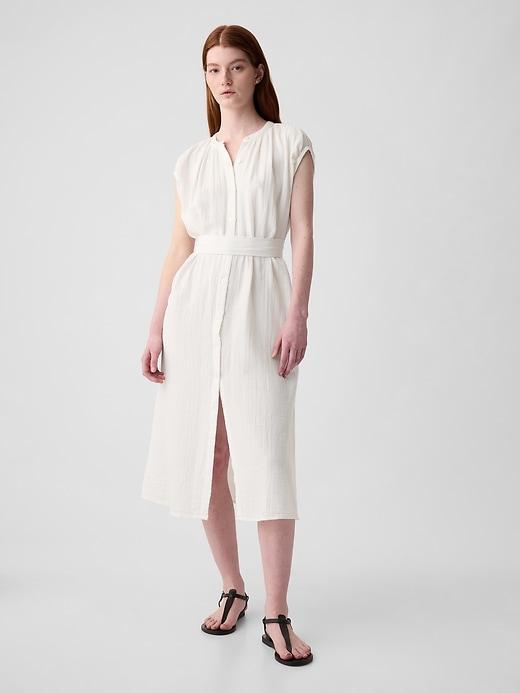 Crinkle Gauze Belted Midi Dress Product Image