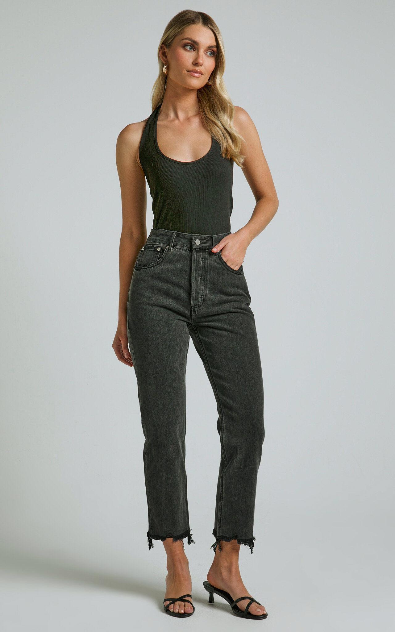 Zelrio Jeans - High Waisted Recycled Cotton Cropped Denim Jeans in Washed Black Product Image