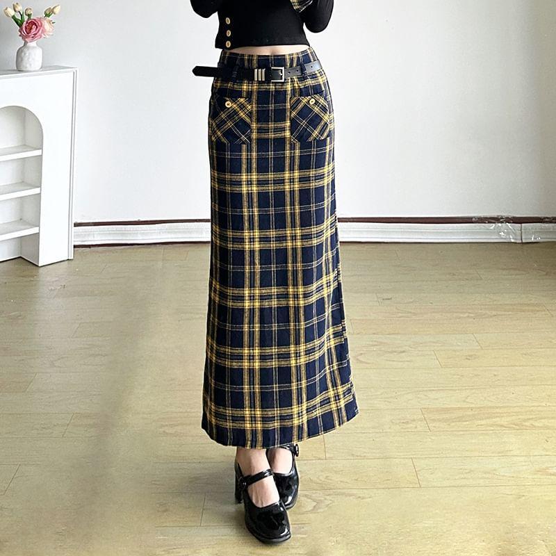 Long-Sleeve Plain Knit Top / High Rise Plaid Pencil Skirt Product Image