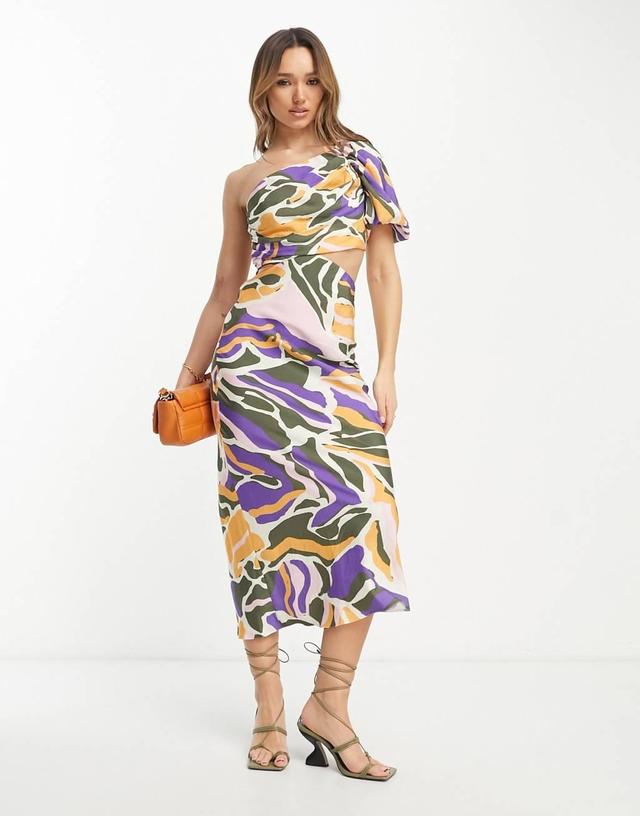 ASOS DESIGN washed one-shoulder maxi dress with cut-out side waist detail in abstract print Product Image