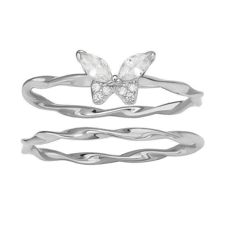 PRIMROSE Cubic Zirconia Butterfly & Twist Ring Set, Womens Sterling Product Image