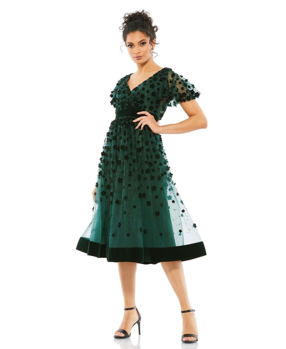 Womens Velvet Flower-Embellished Midi-Dress Product Image