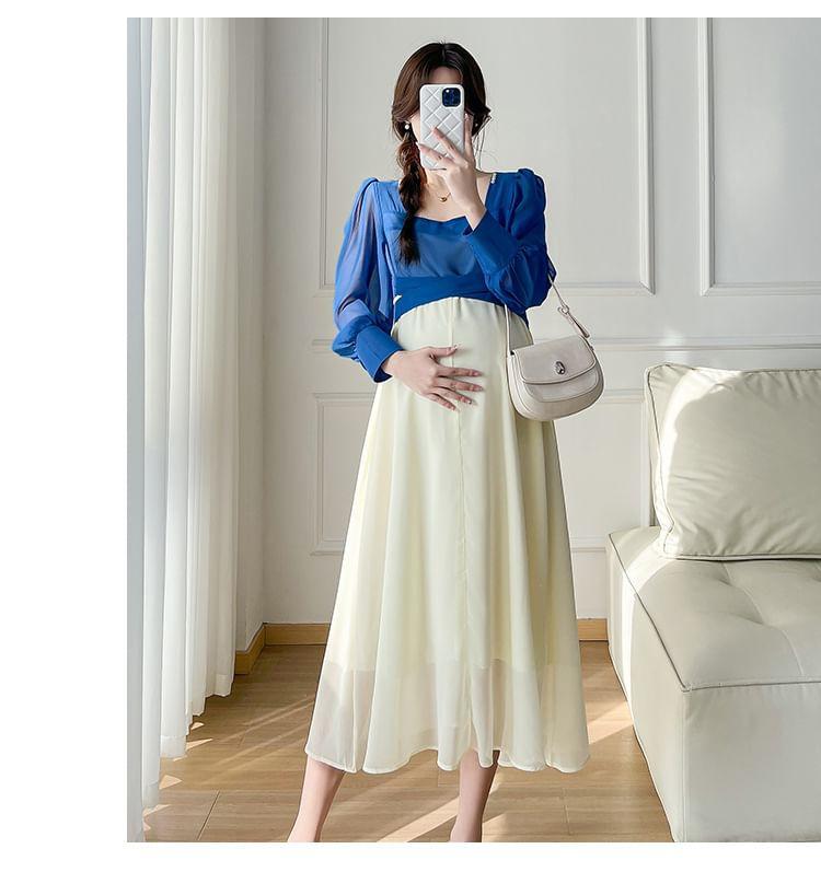 Maternity Mock Two-Piece Puff-Sleeve Two-Tone Midi A-Line Dress Product Image