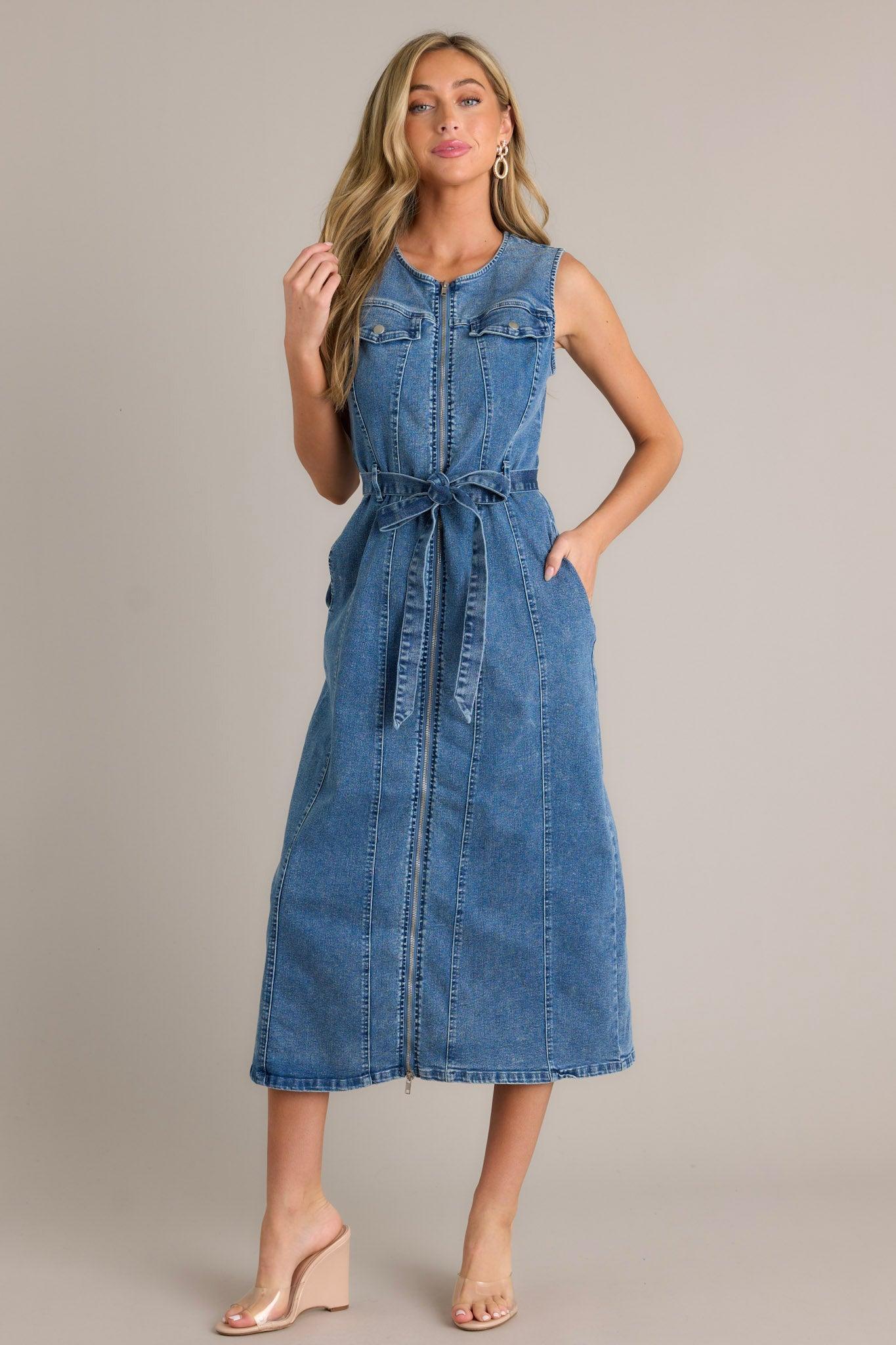 Simple Grace Denim Sleeveless Midi Dress Product Image