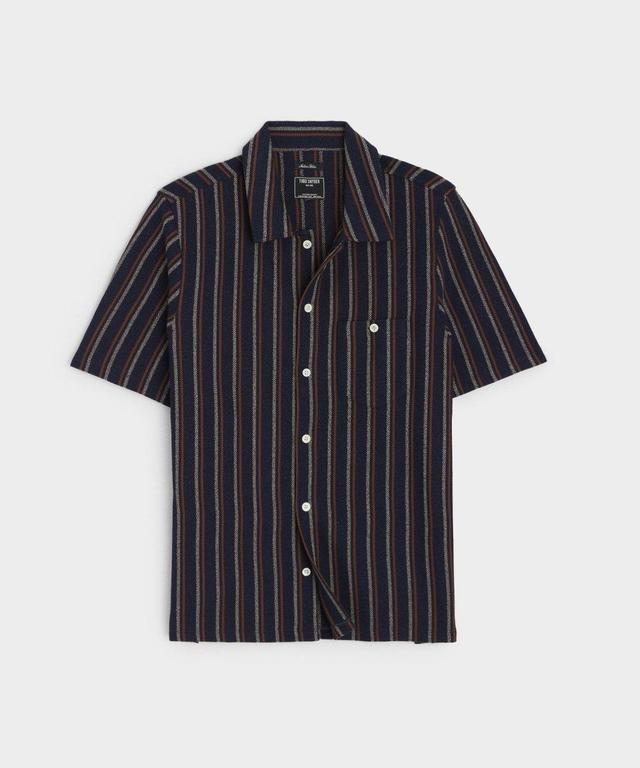 Vertical Stripe Full-Placket Knit Polo in Navy Product Image