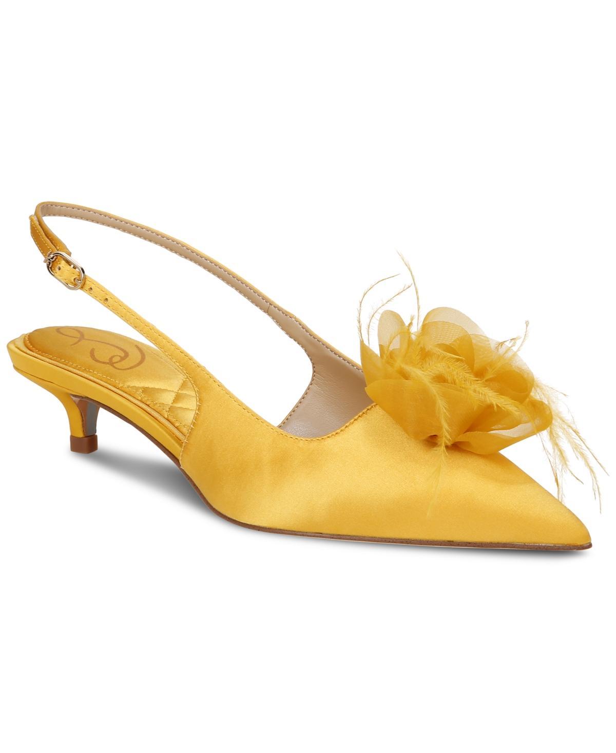 Sam Edelman Faye Satin Kitten Heel Slingback Sheer Flower and Feather Detail Pumps Product Image