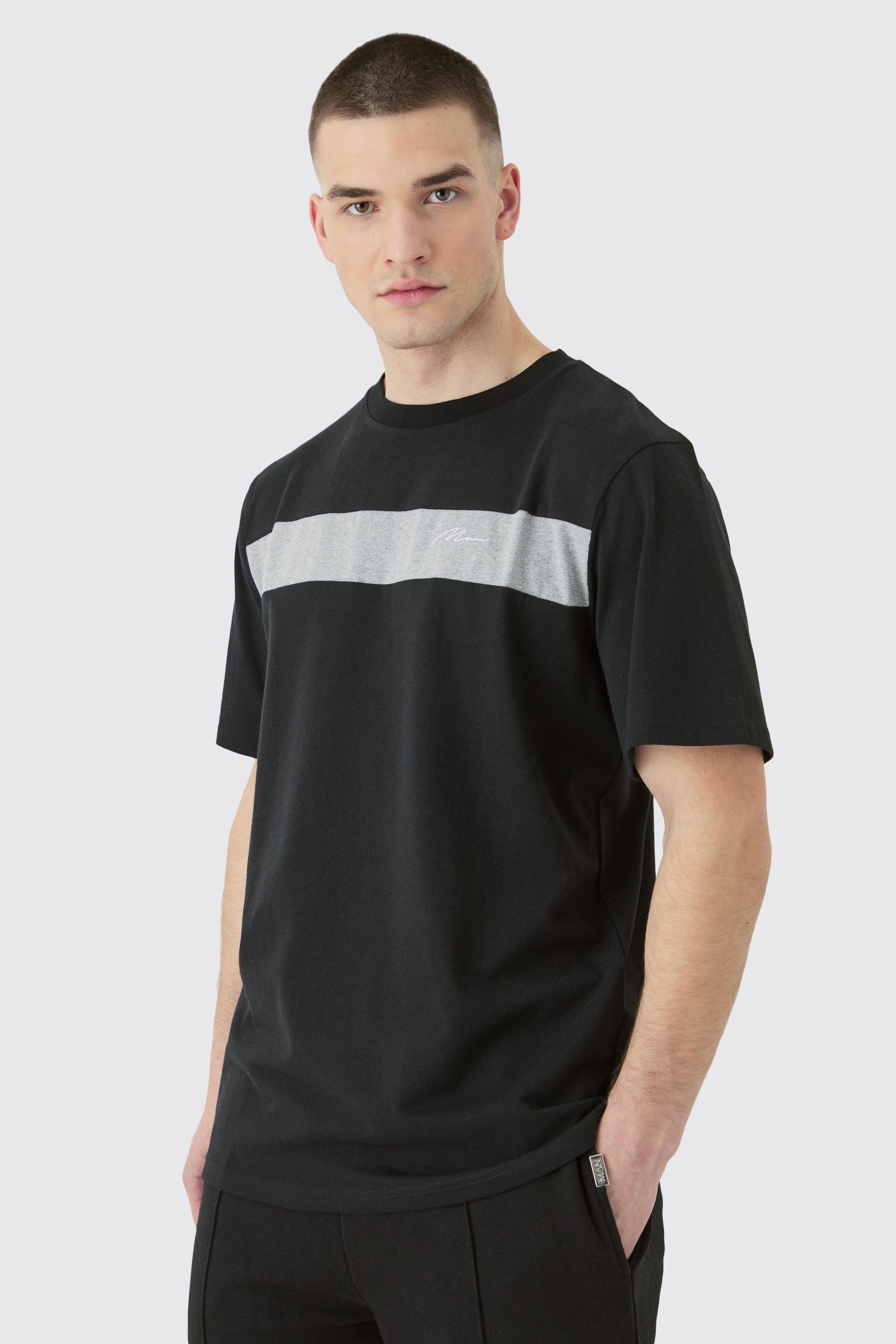 Tall Regular Fit Colour Block Man Script T-shirt In Black | boohooMAN USA Product Image