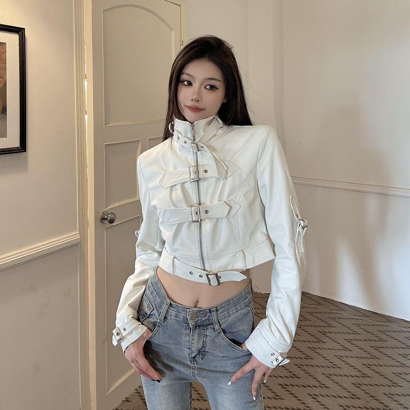 Stand Collar Plain Buckled Zip-Up Faux Leather Crop Jacket Product Image