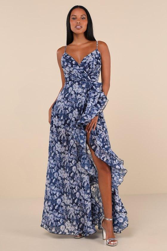 Illustrious Aura Navy Blue Floral Ruffled Surplice Maxi Dress Product Image