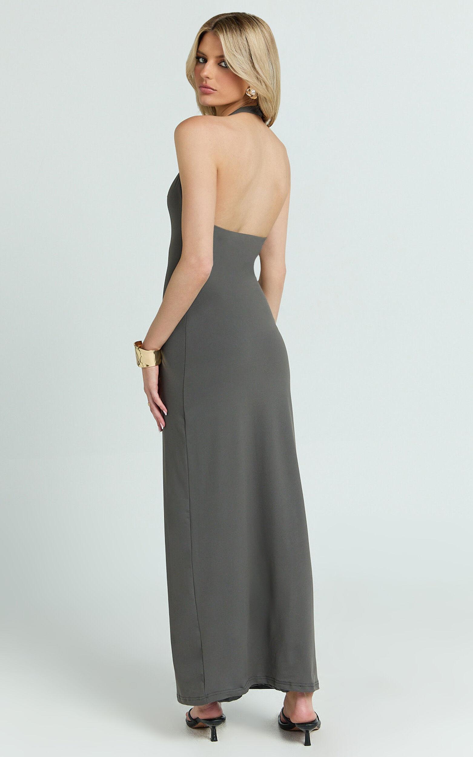 Honey Maxi Dress - Halter Plunge Bodycon Dress in Charcoal Product Image