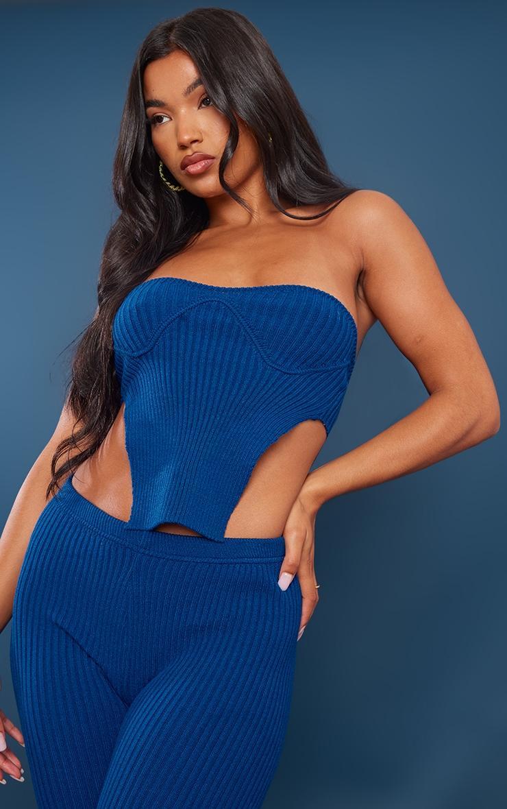  Bright Blue Ribbed Knit Bust Detail Bandeau Top Product Image