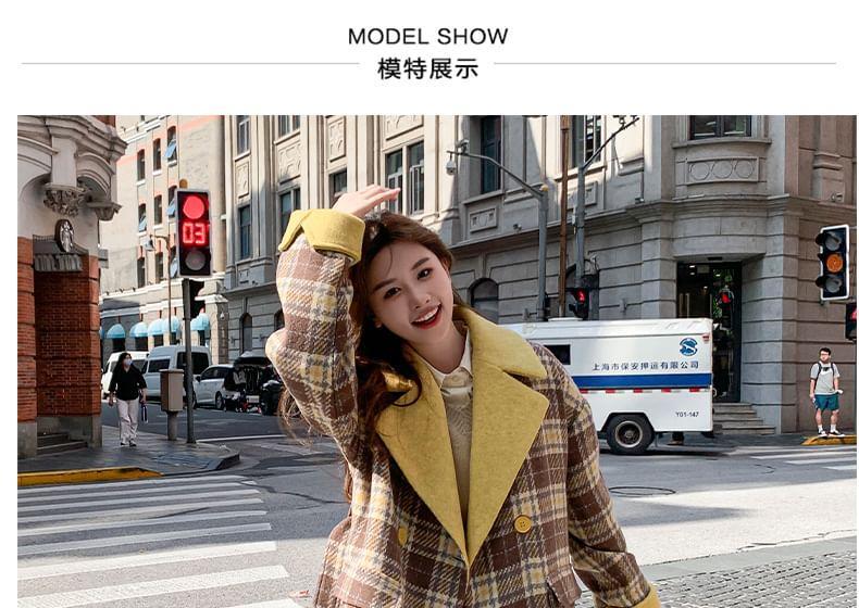 Lapel Collar Plaid Contrast Trim Double-Breasted Long Coat Product Image