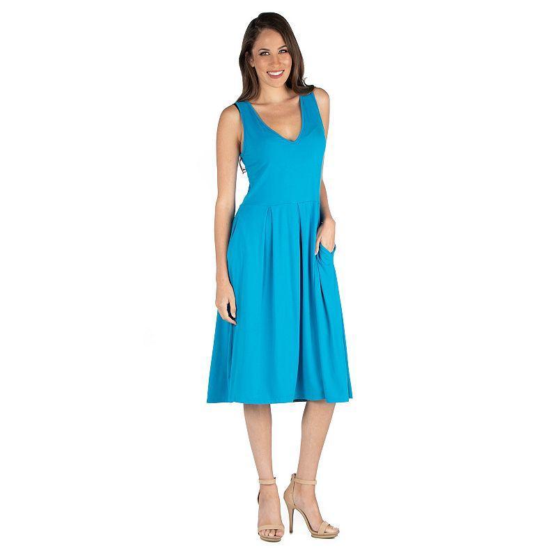 Womens 24seven Comfort Apparel Fit And Flare Sleeveless Midi Tank Dress with Pockets Blue Product Image