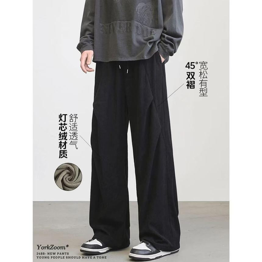 Drawstring Waist Plain Corduroy Wide Leg Pants Product Image