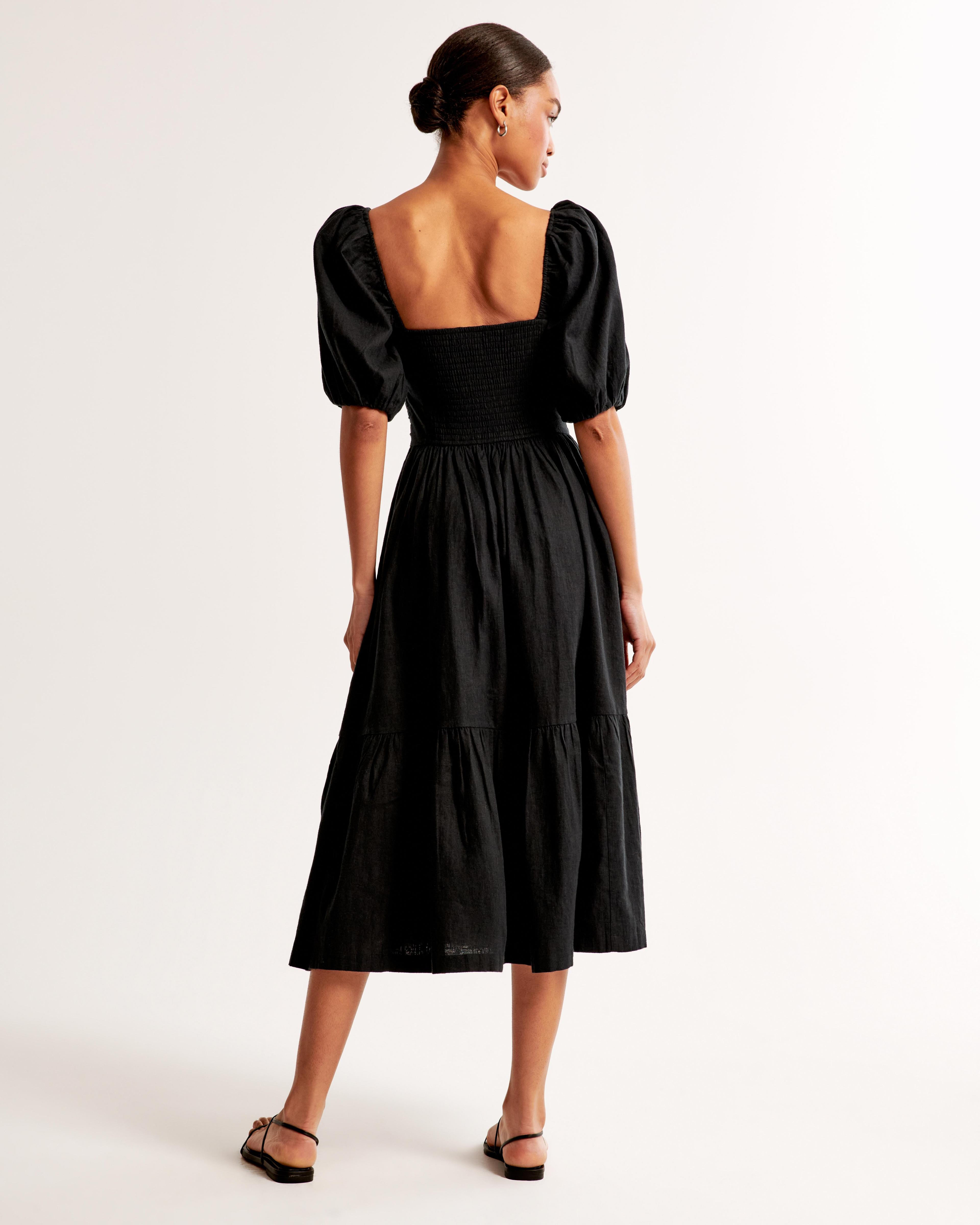 The A&F Emerson Linen-Blend Puff Sleeve Midi Dress Product Image