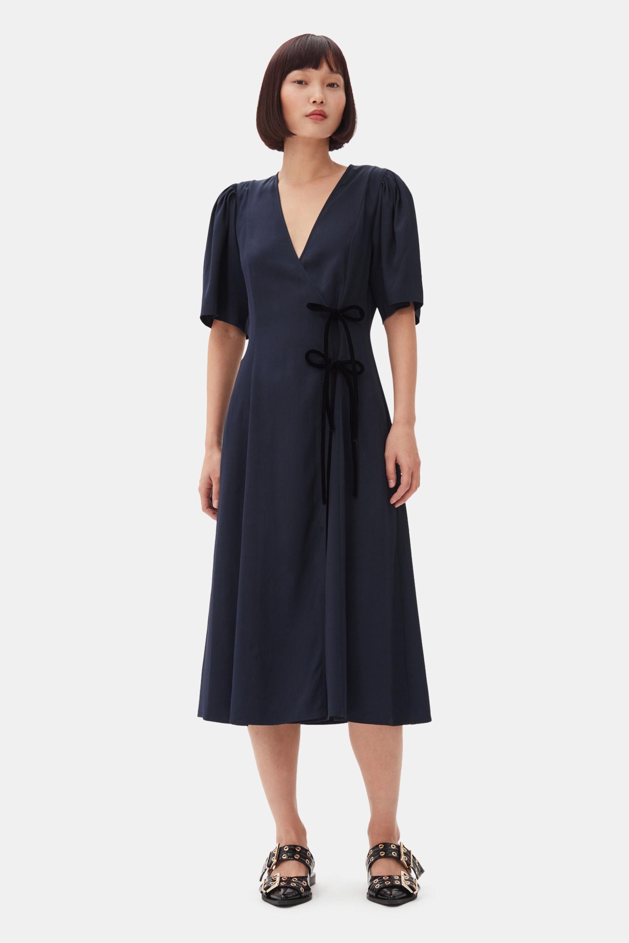 Navy Blue Viscose Twill Wrap Midi Dress Product Image