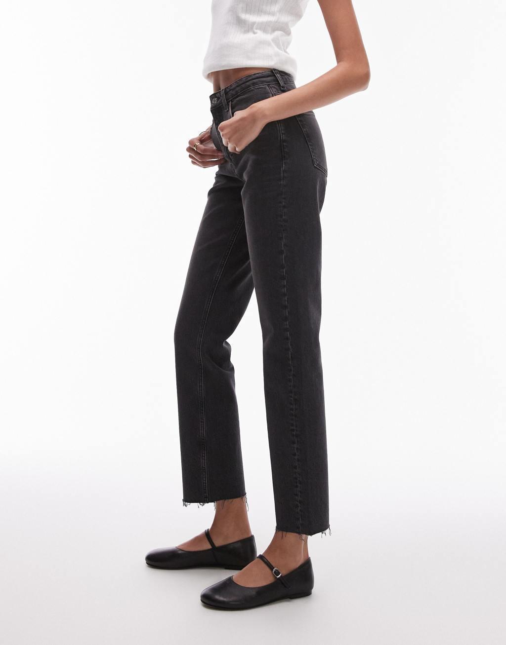 Topshop Tall cropped mid rise straight jeans with raw hems in washed black Product Image