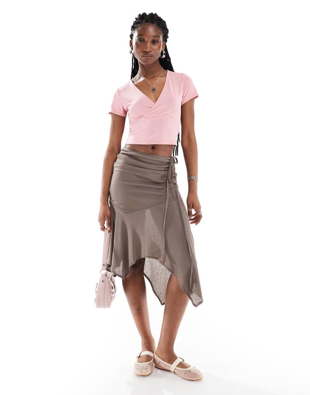 Monki super soft cropped short sleeve top with wrap front detail in pink Product Image