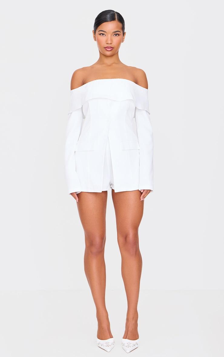 White Tailored Off The Shoulder Long Sleeve Romper Product Image