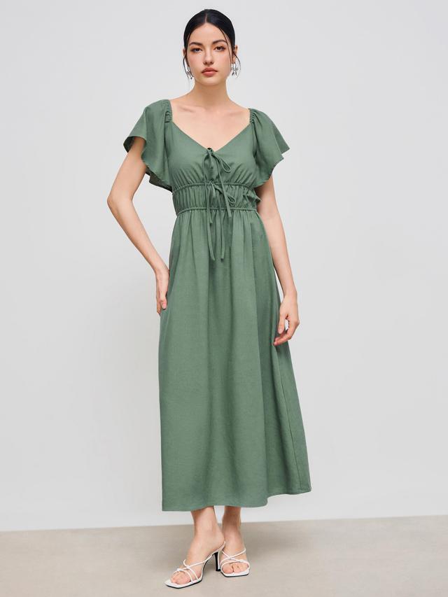 V-neck Solid Ruffle Shirred Knotted Midi Dress Product Image