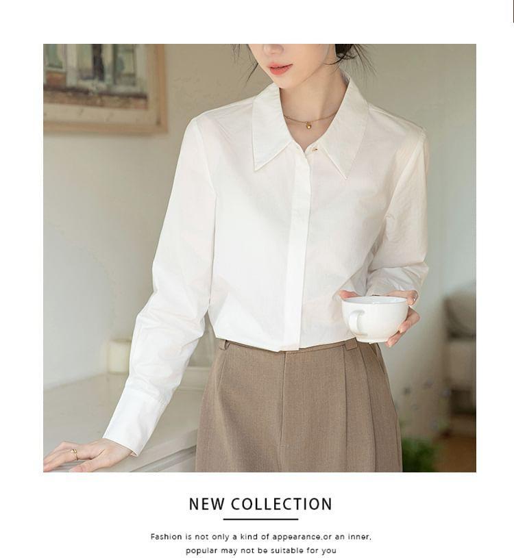 Long Sleeve Lapel Collar Plain Button Shirt Product Image