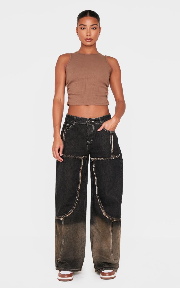 Dark Grey Ombre Effect Contrast Stitch Frayed Seam Wide Leg Jeans Product Image