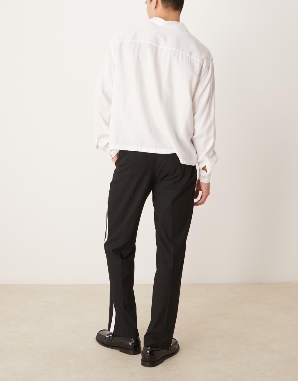 ASOS DESIGN smart straight leg tuxedo pants in black with white side stripe Product Image