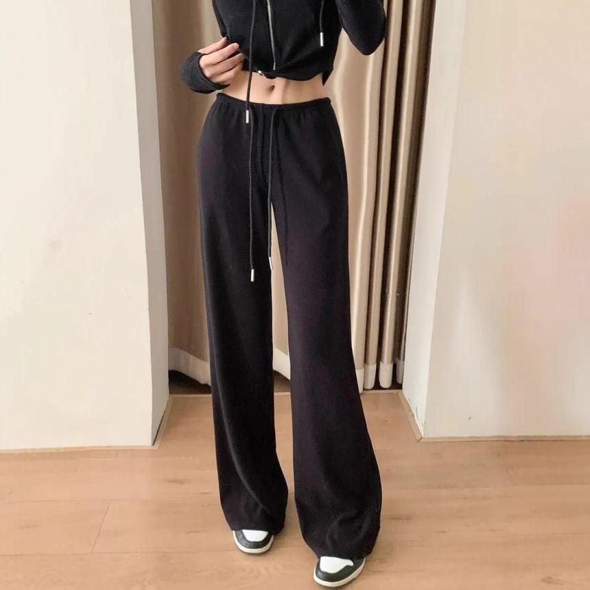 Plain Zip Hoodie / Drawstring Waist Wide Leg Pants Product Image