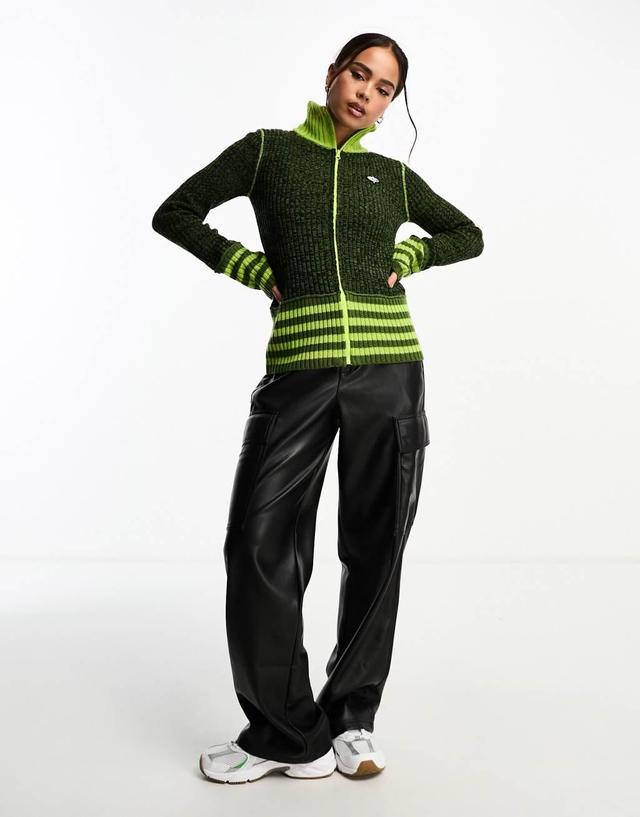 Basic Pleasure Mode stripe detail zip up knit cardigan top in green Product Image