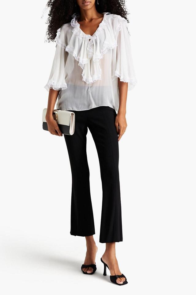 Lace-trimmed Ruffled Silk-blend Voile Blouse In White Product Image