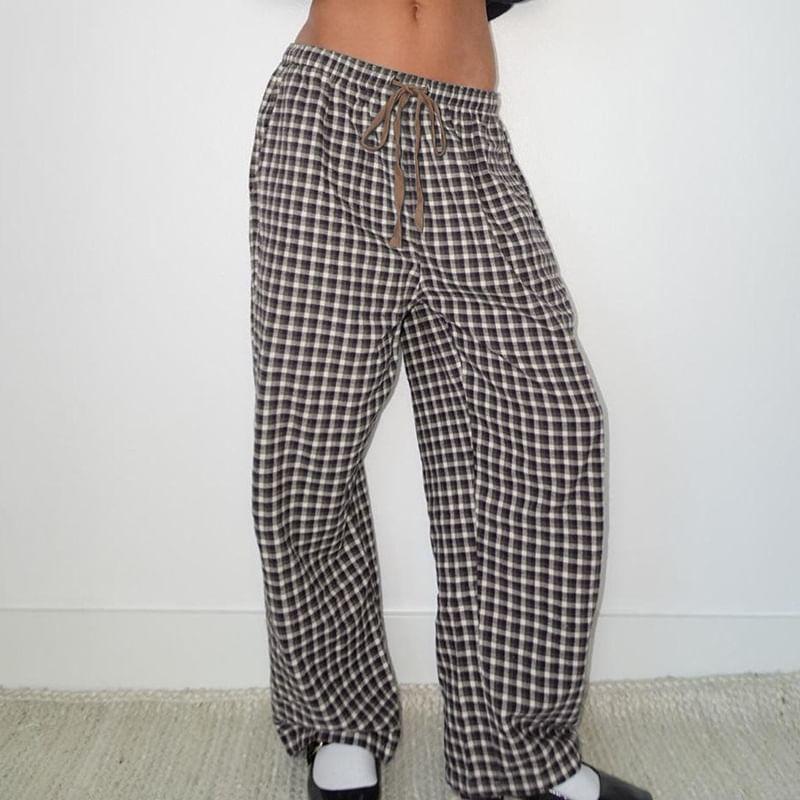 Drawstring Waist Plaid Wide Leg Pants product image