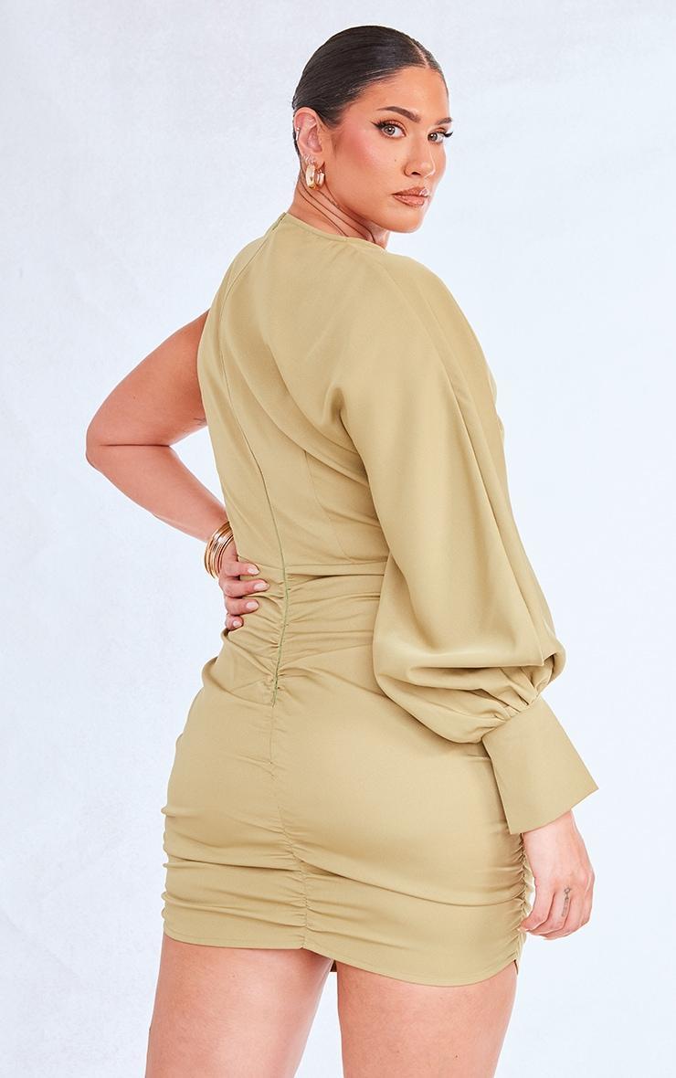 Plus Sage Green One Sleeve Ruched Woven Bodycon Dress Product Image