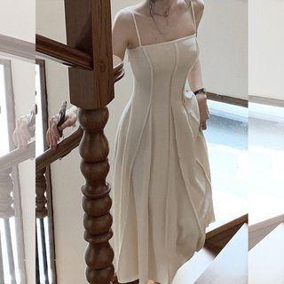 Spaghetti Strap Plain Crinkled Seam Front Midi A-Line Dress Product Image