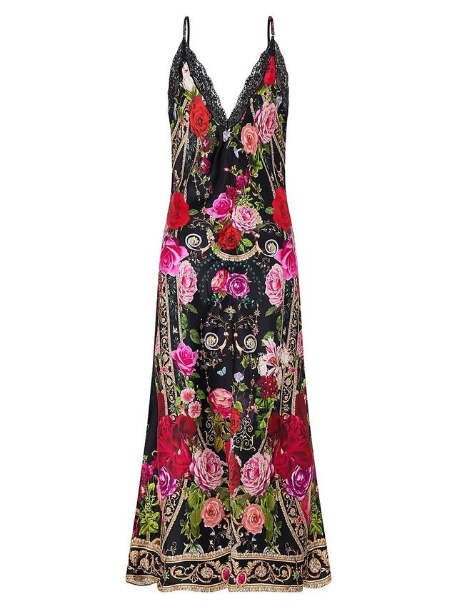 Womens Lace-Trim Floral Silk Midi-Dress Product Image