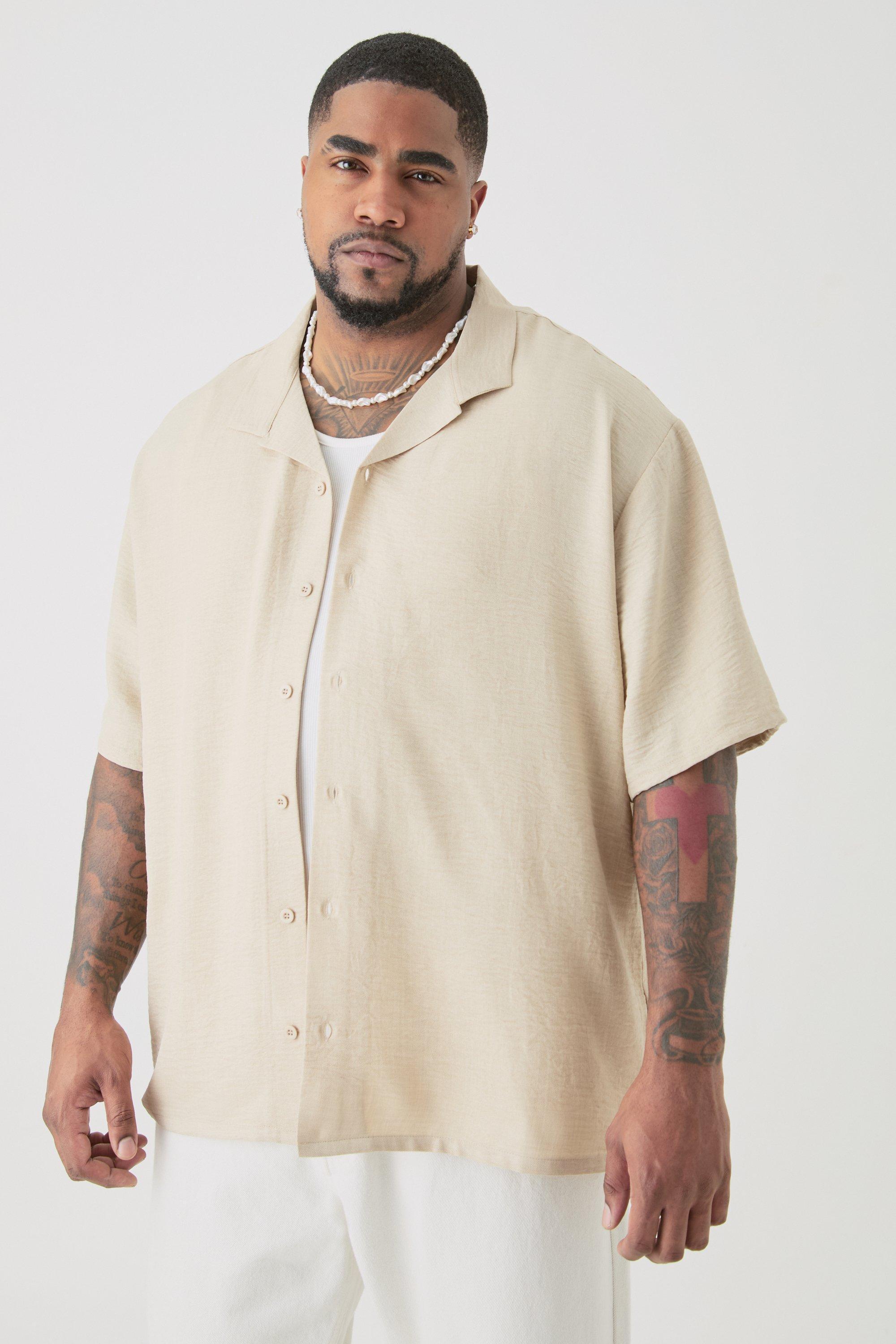 Plus Short Sleeve Drop Revere Linen Shirt In Natural | boohooMAN USA Product Image